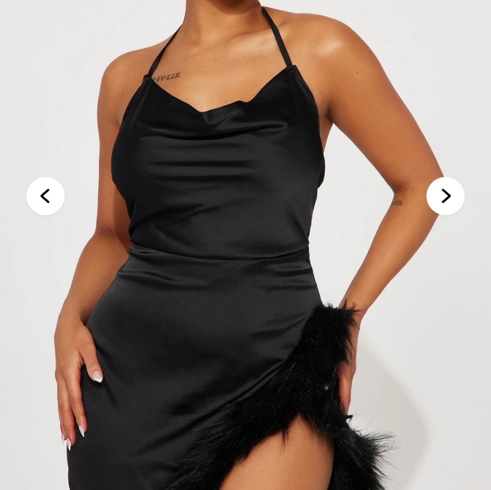 Brand New Elegant Black Halter Dress with Fur Trim - Picture 4 of 6